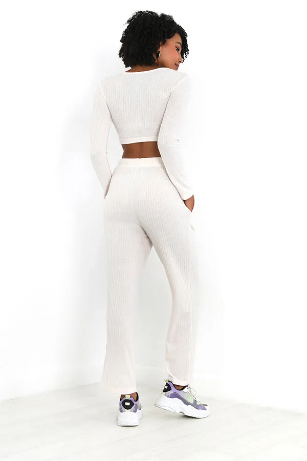 IVORY RIBBED TWO PIECE LOUNGEWEAR SET