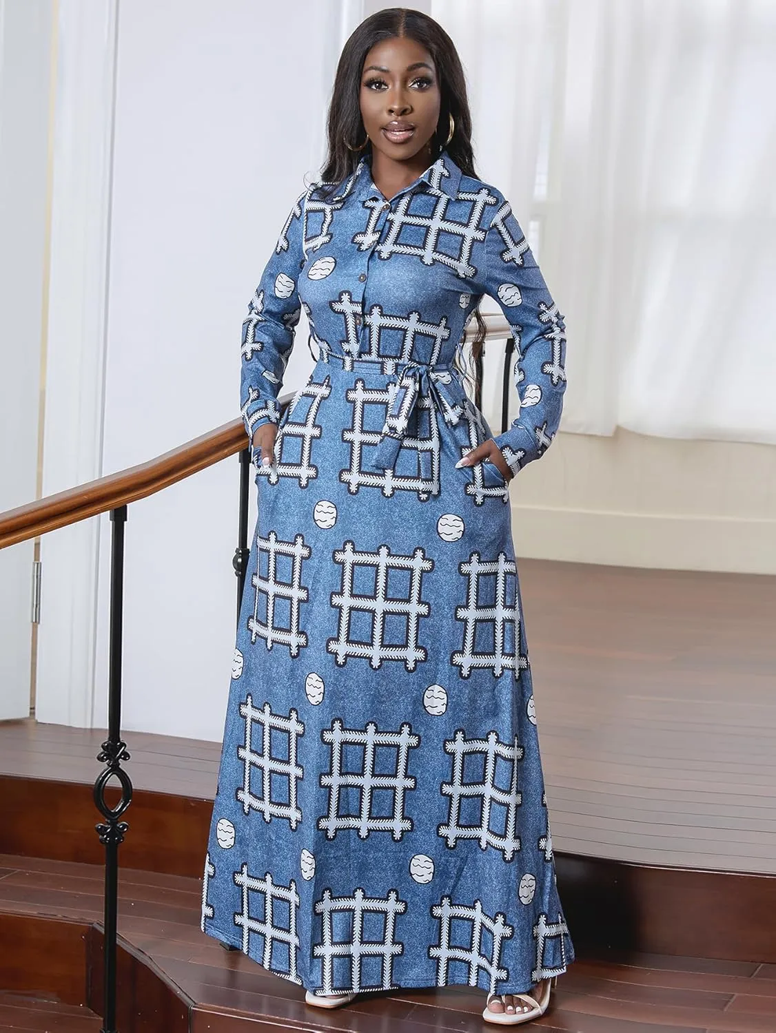 LaiyiVic Maxi Dress for Women Casual Long Sleeve Button Down Floor Length V-Neck Long Dress with Belt