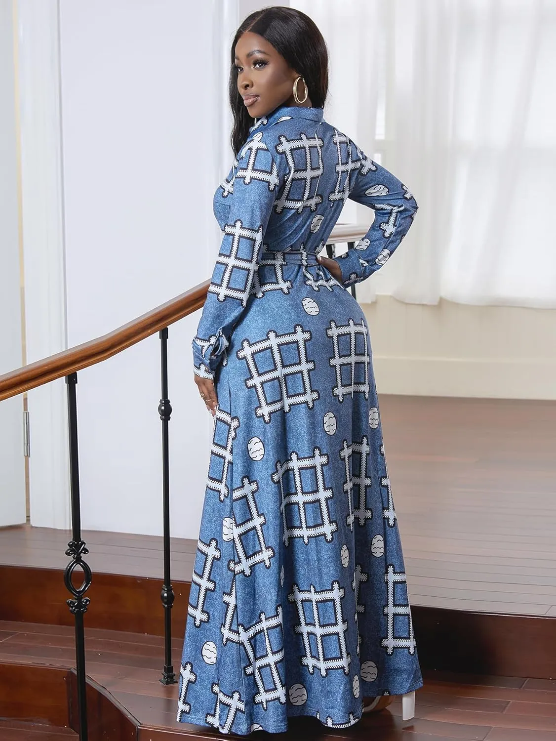 LaiyiVic Maxi Dress for Women Casual Long Sleeve Button Down Floor Length V-Neck Long Dress with Belt