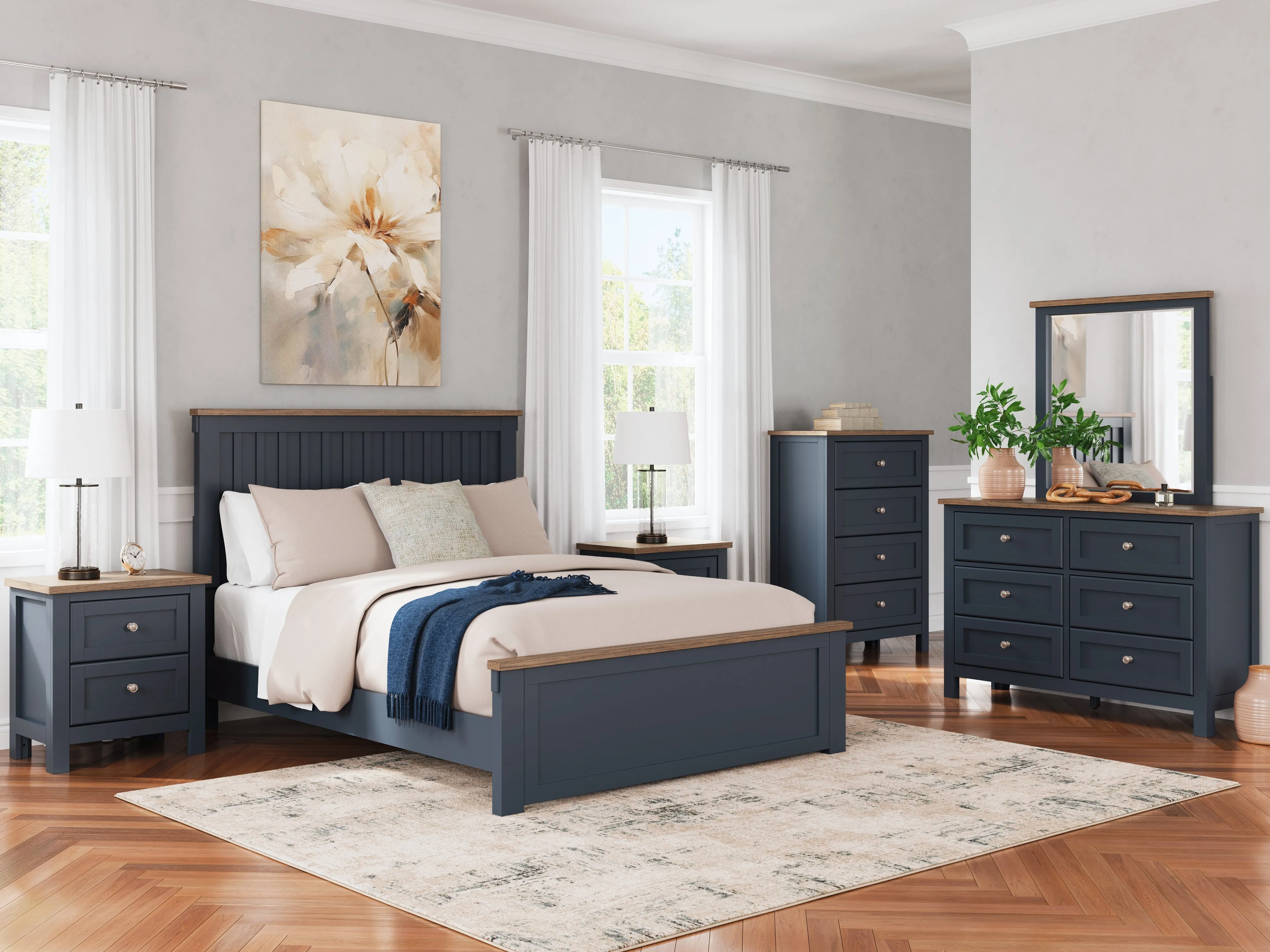Landocken Queen Panel Bed with Mirrored Dresser and Nightstand in Brown/Blue