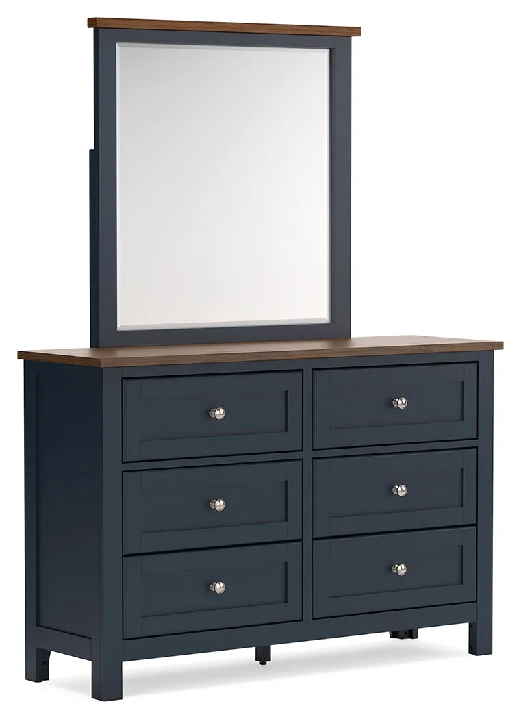 Landocken Queen Panel Bed with Mirrored Dresser and Nightstand in Brown/Blue