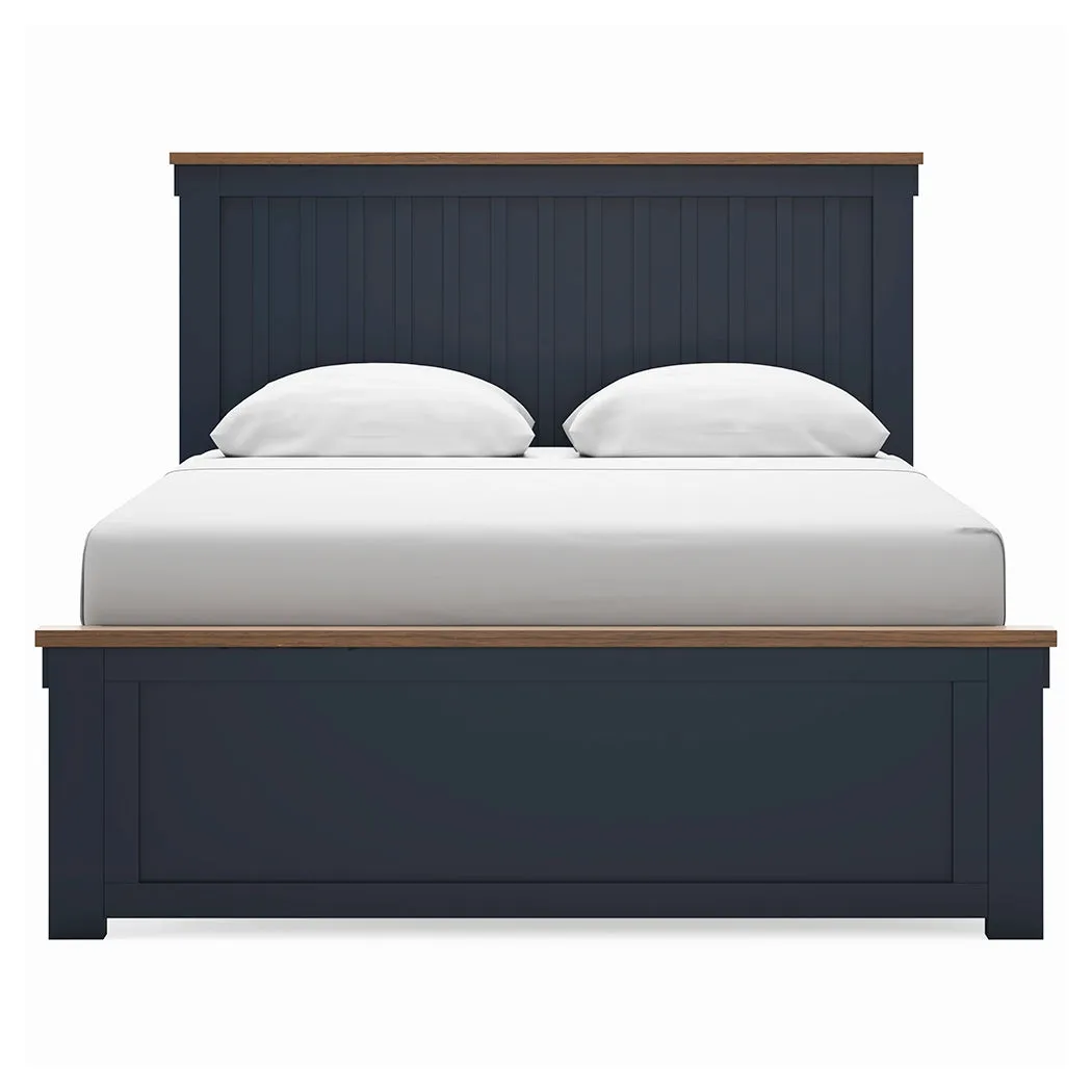 Landocken Queen Panel Bed with Mirrored Dresser and Nightstand in Brown/Blue