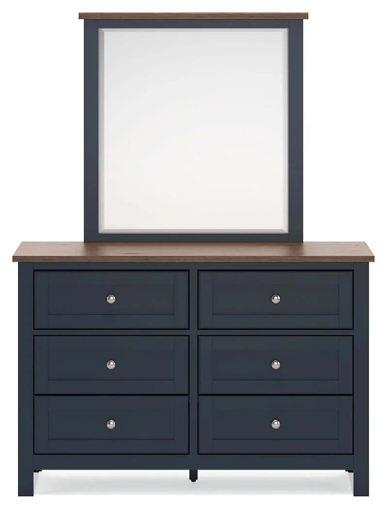Landocken Queen Panel Bed with Mirrored Dresser and Nightstand in Brown/Blue