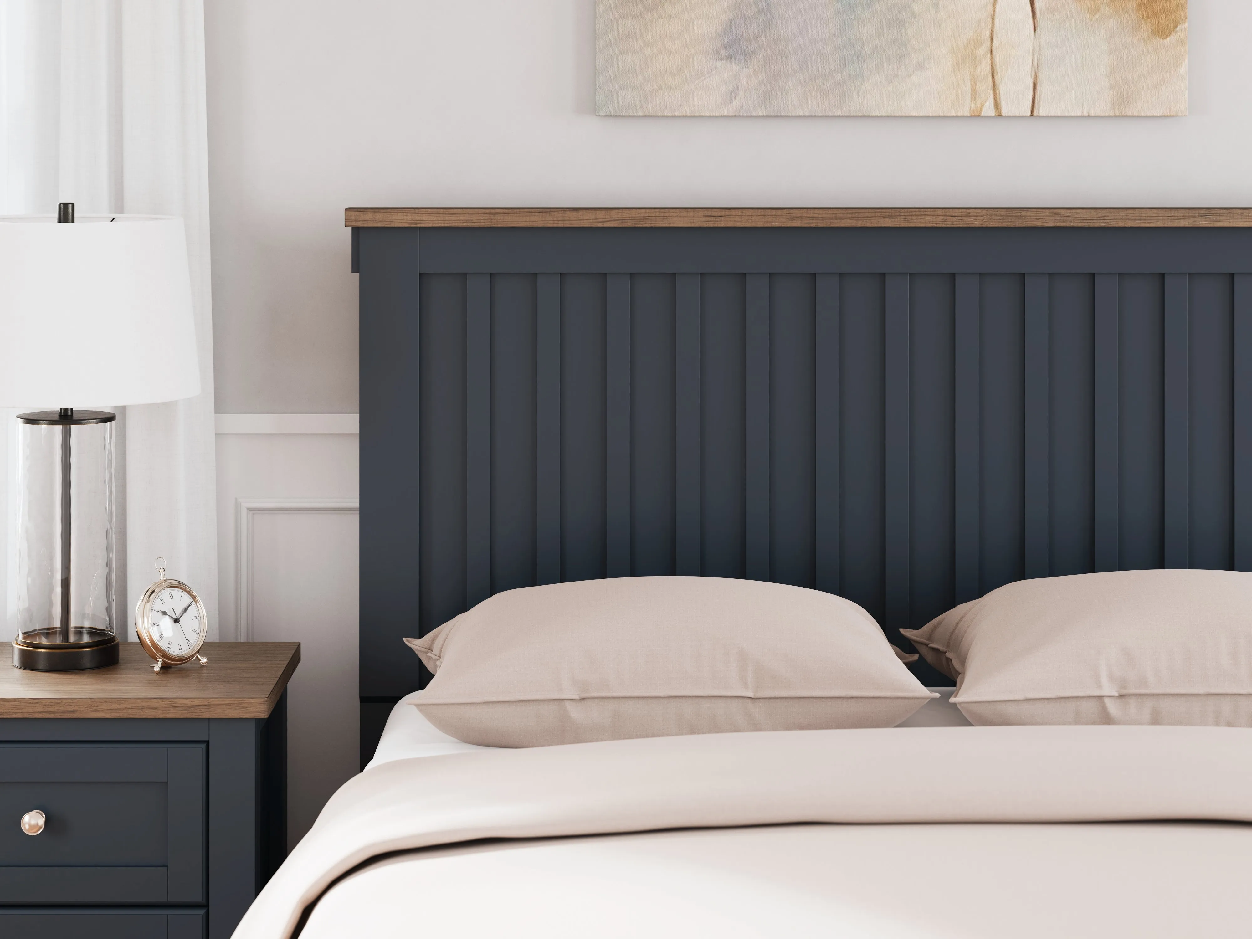 Landocken Queen Panel Bed with Mirrored Dresser and Nightstand in Brown/Blue