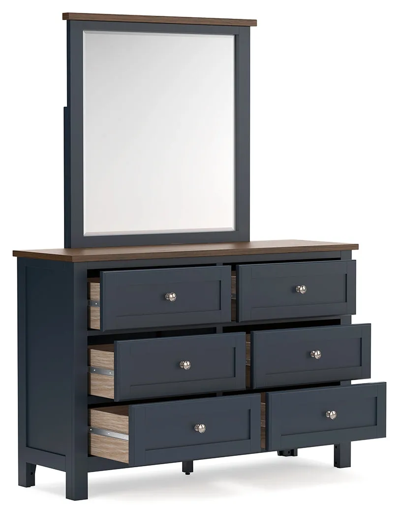 Landocken Queen Panel Bed with Mirrored Dresser and Nightstand in Brown/Blue