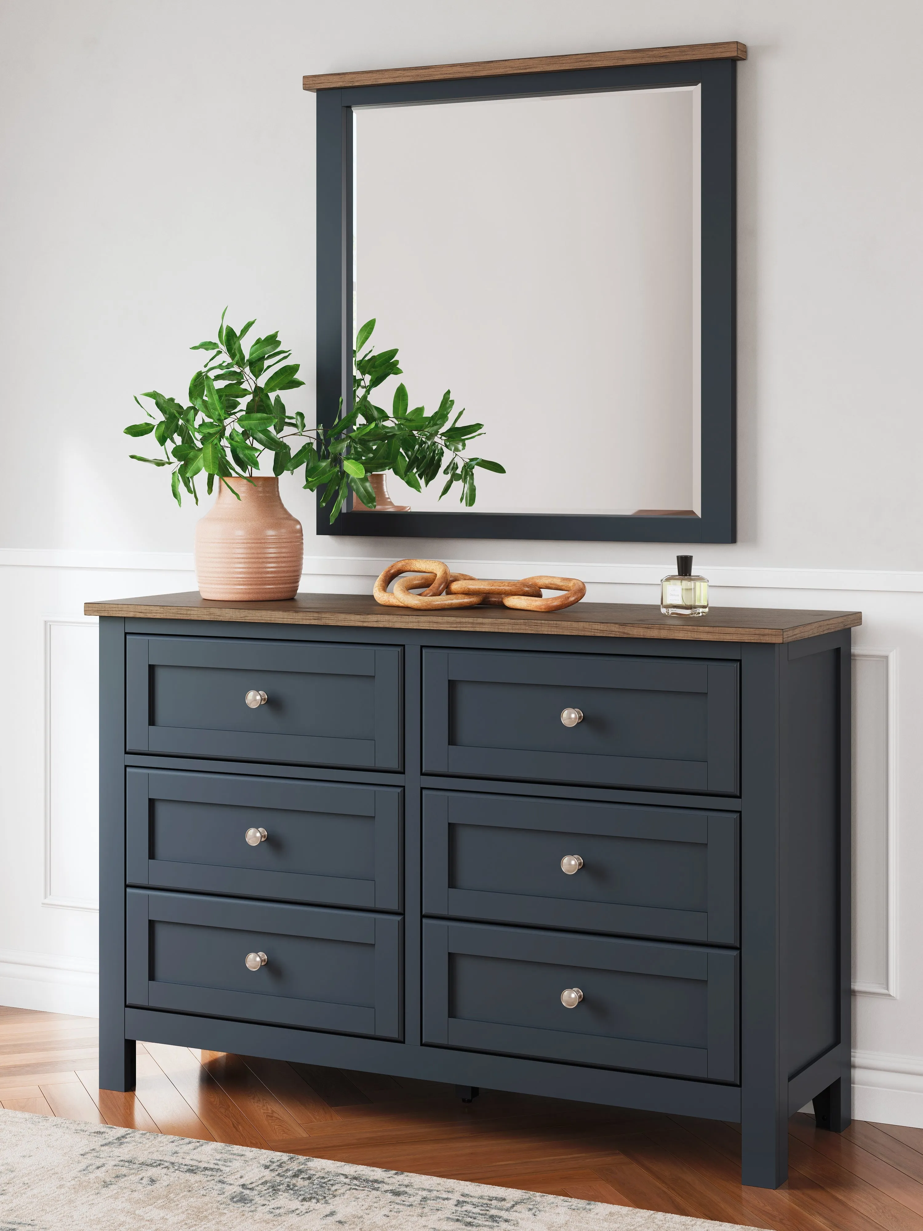 Landocken Queen Panel Bed with Mirrored Dresser and Nightstand in Brown/Blue