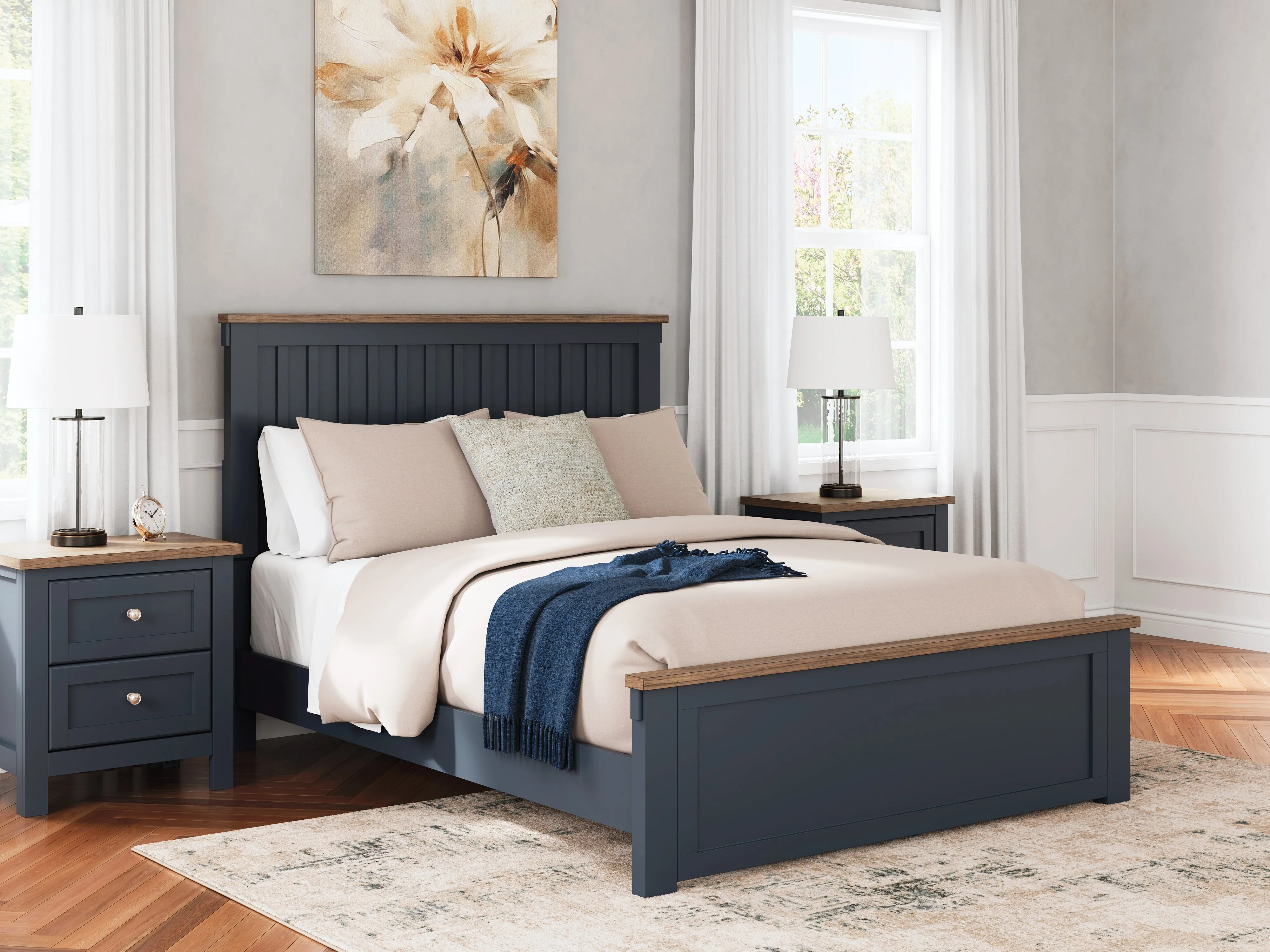 Landocken Queen Panel Bed with Mirrored Dresser and Nightstand in Brown/Blue