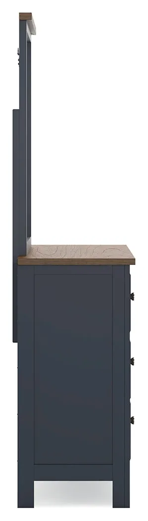 Landocken Queen Panel Bed with Mirrored Dresser and Nightstand in Brown/Blue