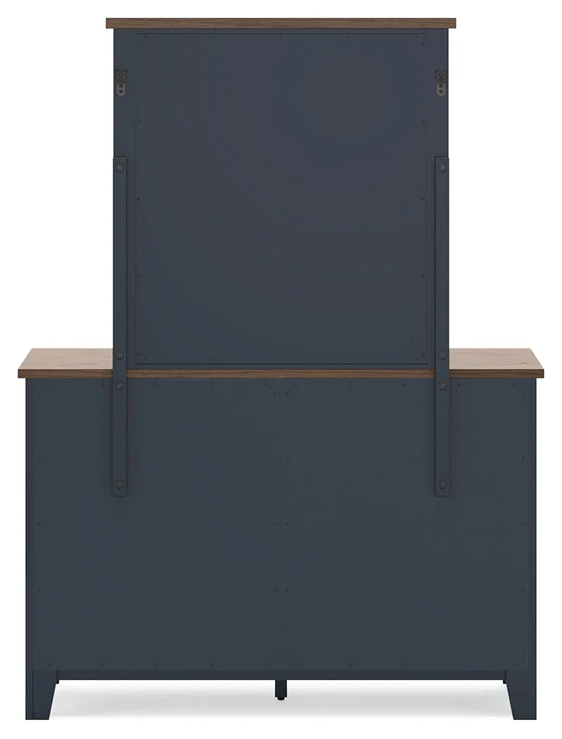 Landocken Queen Panel Bed with Mirrored Dresser and Nightstand in Brown/Blue