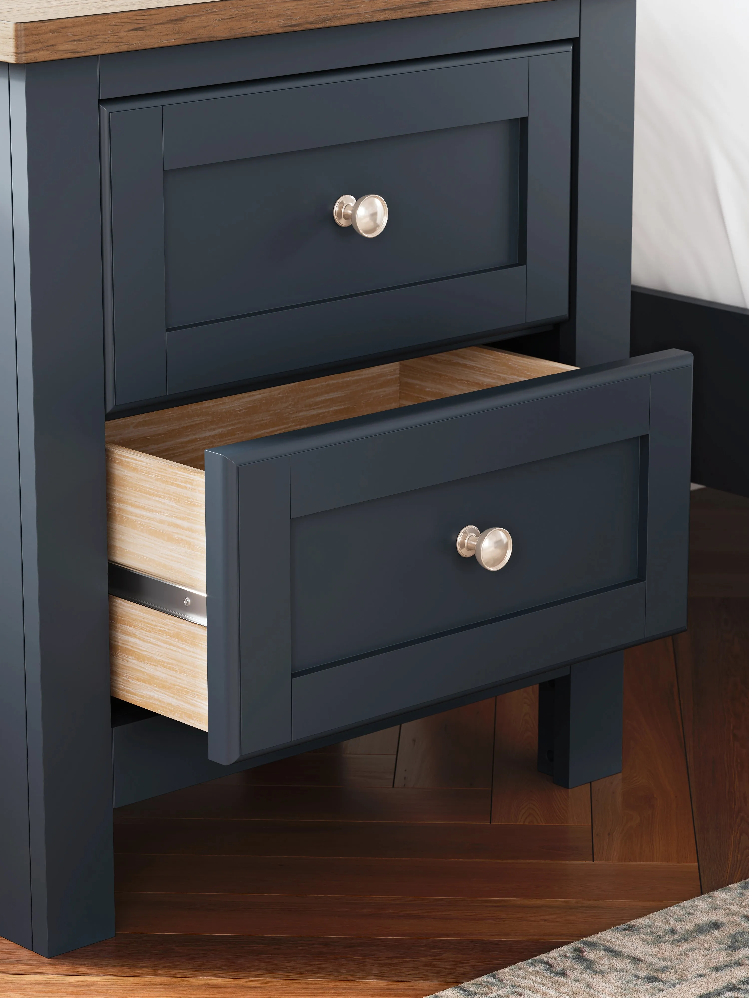 Landocken Queen Panel Bed with Mirrored Dresser and Nightstand in Brown/Blue