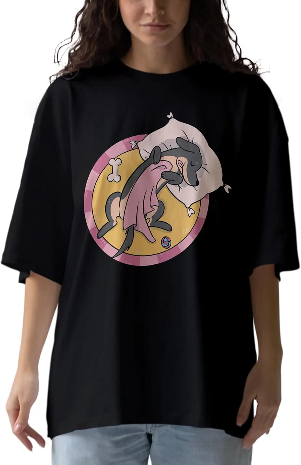 Lazy Dog Anime Oversized T-Shirts for Women, 100% Cotton T-Shirts, Perfect for Casual Wear & Gifting | WB.6.58