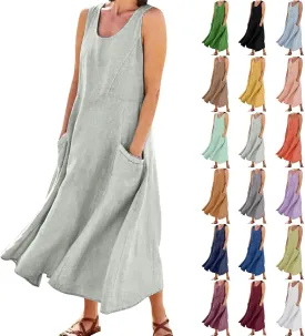 Linen Dresses for Women 2025 Casual Summer Sleeveless U Neck Flowy Maxi Dress Plus Size Boho Sundress with Pockets