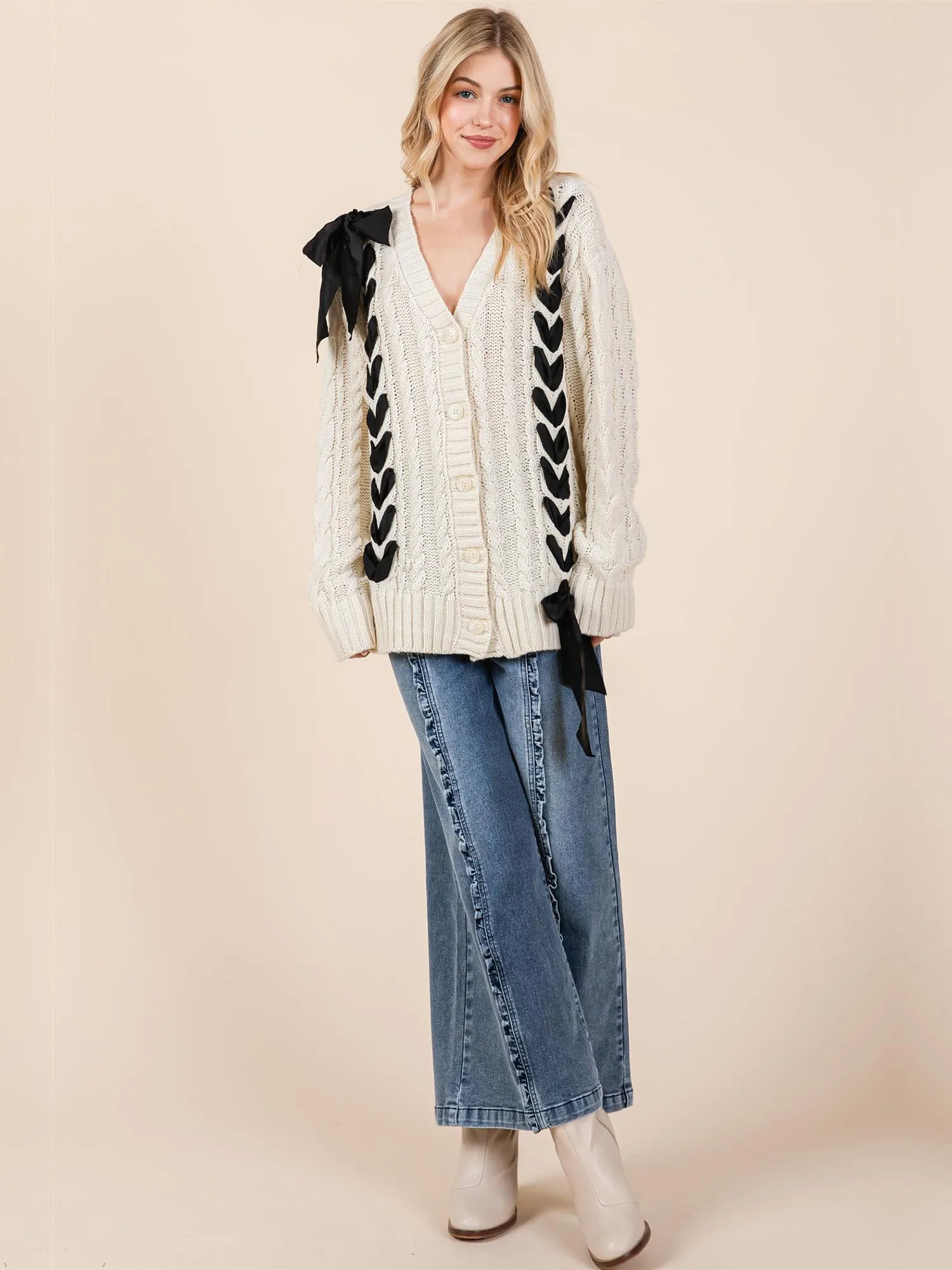 Long Sleeves Braided Ribbon Cable Knit Cardigan Sweater