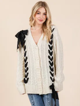 Long Sleeves Braided Ribbon Cable Knit Cardigan Sweater