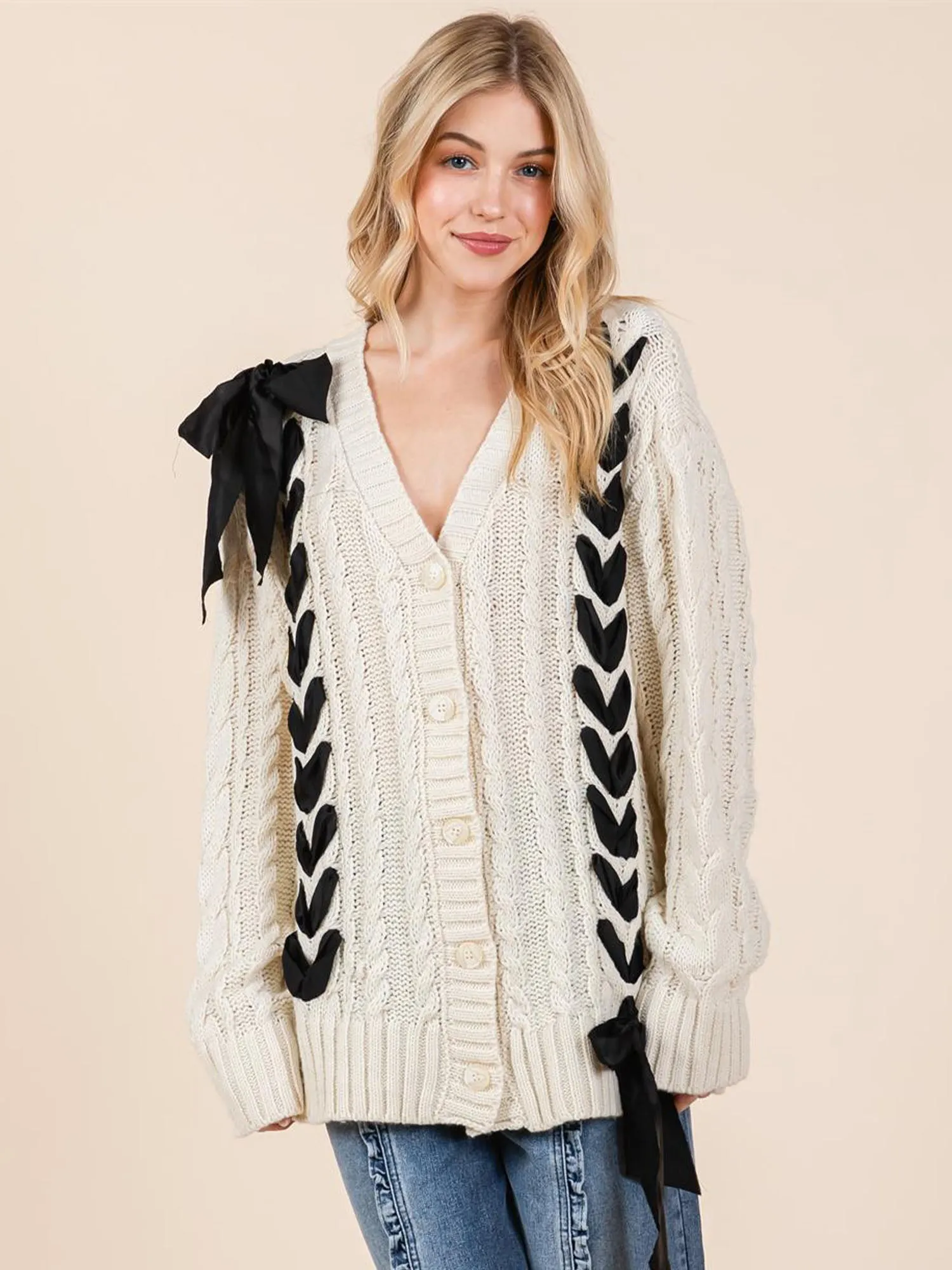 Long Sleeves Braided Ribbon Cable Knit Cardigan Sweater