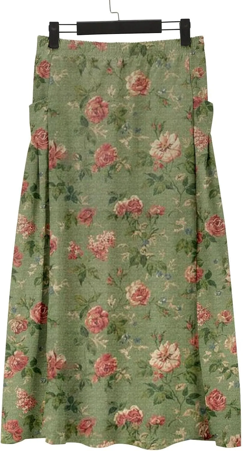 Maxi Skirts for Women Floral Print Elastic Waist Bohemian Hippie Long Skirt Vintage Boho Beach Skirts with Pockets
