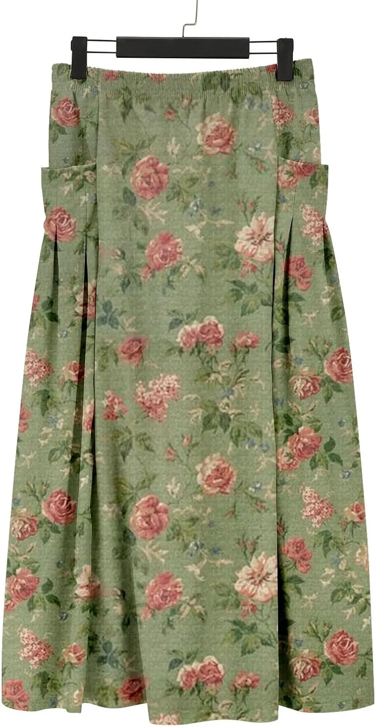 Maxi Skirts for Women Floral Print Elastic Waist Bohemian Hippie Long Skirt Vintage Boho Beach Skirts with Pockets