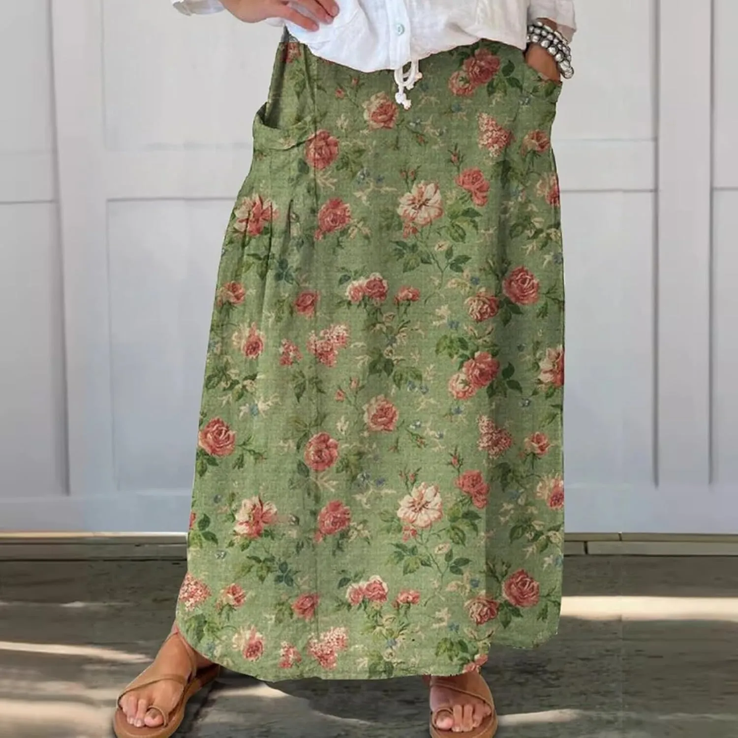 Maxi Skirts for Women Floral Print Elastic Waist Bohemian Hippie Long Skirt Vintage Boho Beach Skirts with Pockets