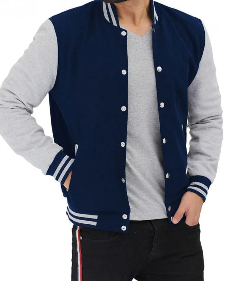 Men's Baseball Style Grey and Blue Varsity Jacket