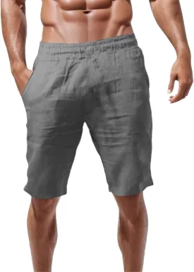 Mens Cotton Linen Shorts Casual Elastic Waist Lightweight Vacation Summer Beach Shorts with Pockets
