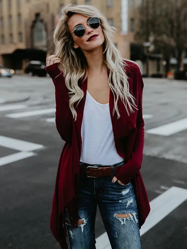 Modern Sleeves Solid Tassels Cardigan Tops
