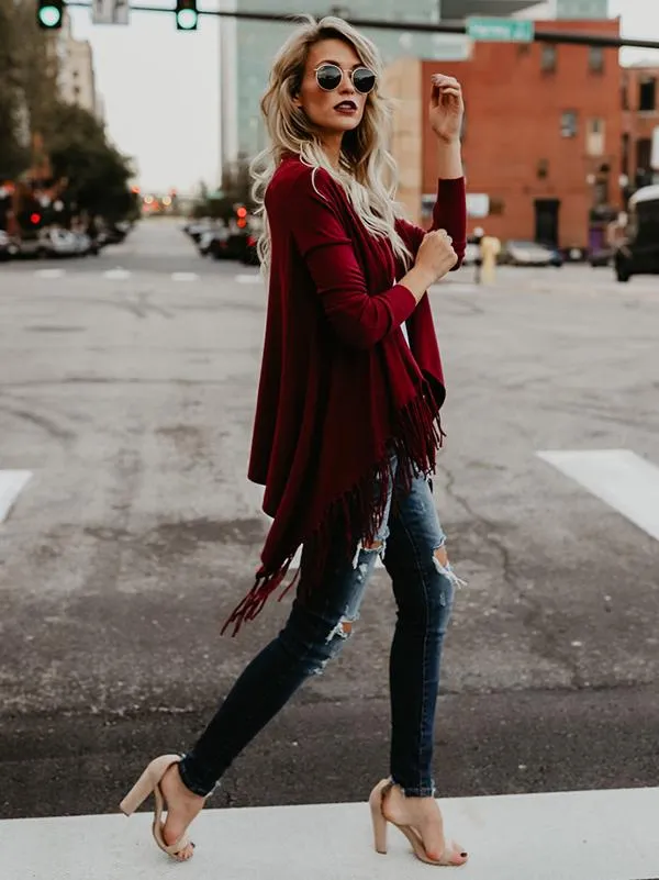 Modern Sleeves Solid Tassels Cardigan Tops