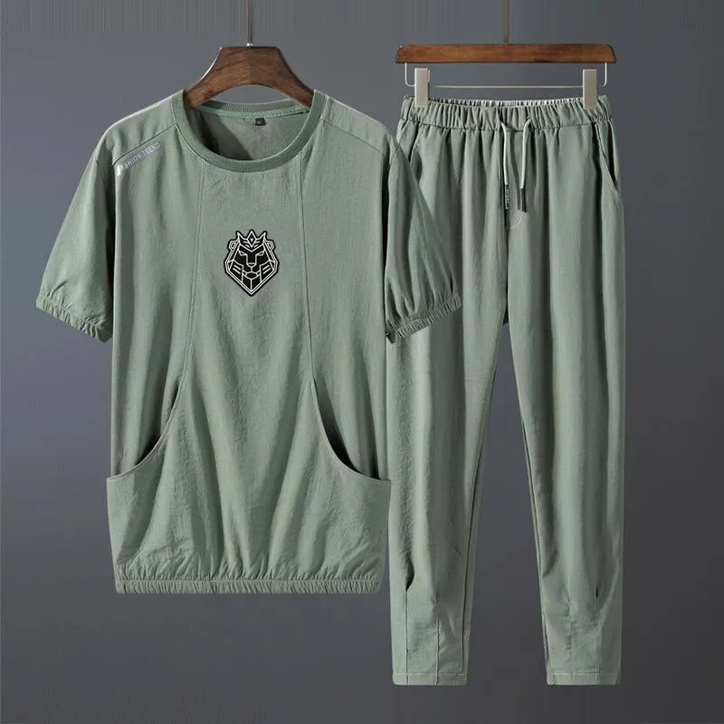 Muscle men's popular short sleeved set, summer new fitness casual camouflage sportswear two-piece set