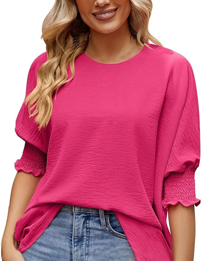 New CHIKANSTORE Womens Tops Dressy Casual, Short Sleeved New Business Casual Tops for Women Basic Pleated Top Sz L