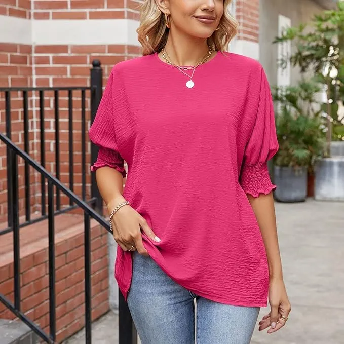 New CHIKANSTORE Womens Tops Dressy Casual, Short Sleeved New Business Casual Tops for Women Basic Pleated Top Sz L