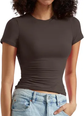 OMKAGI Double Lined Slim Fit T Shirts for Women Short Sleeve Crew Neck Crop Top