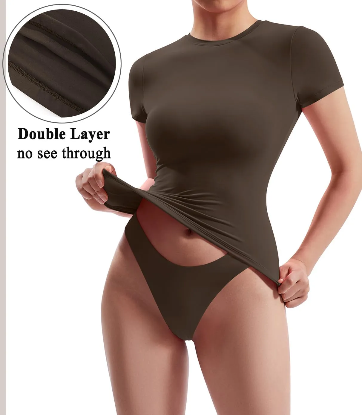OMKAGI Double Lined Slim Fit T Shirts for Women Short Sleeve Crew Neck Crop Top