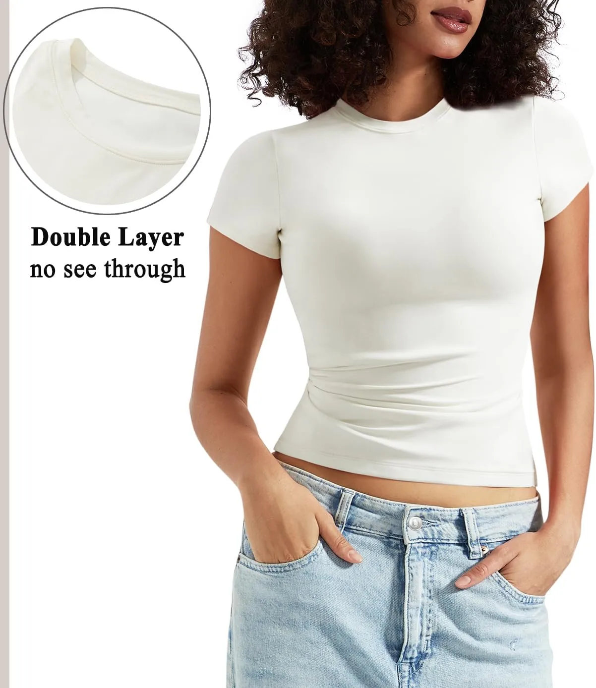 OMKAGI Double Lined Slim Fit T Shirts for Women Short Sleeve Crew Neck Crop Top