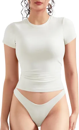 OMKAGI Double Lined Slim Fit T Shirts for Women Short Sleeve Crew Neck Crop Top