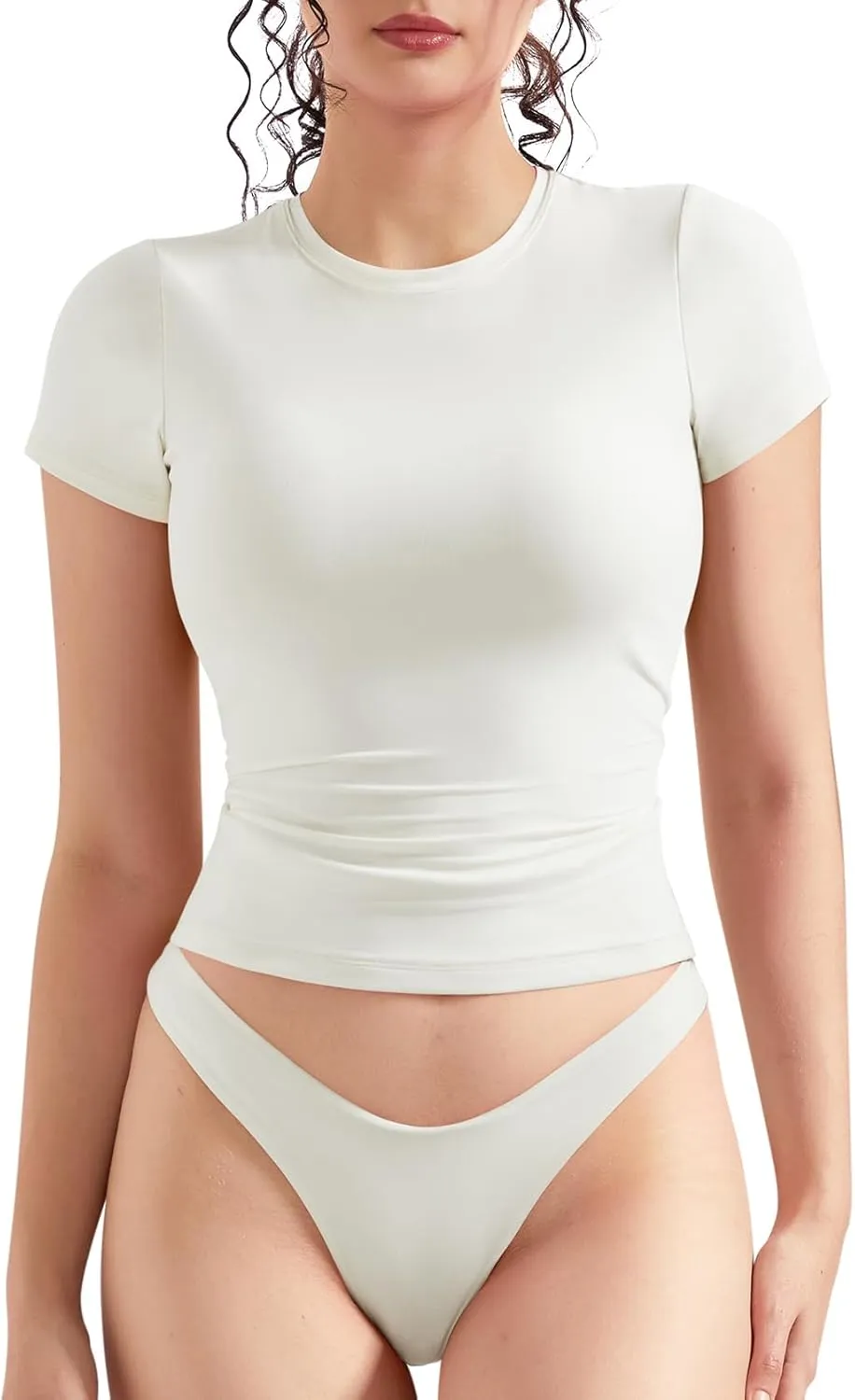 OMKAGI Double Lined Slim Fit T Shirts for Women Short Sleeve Crew Neck Crop Top