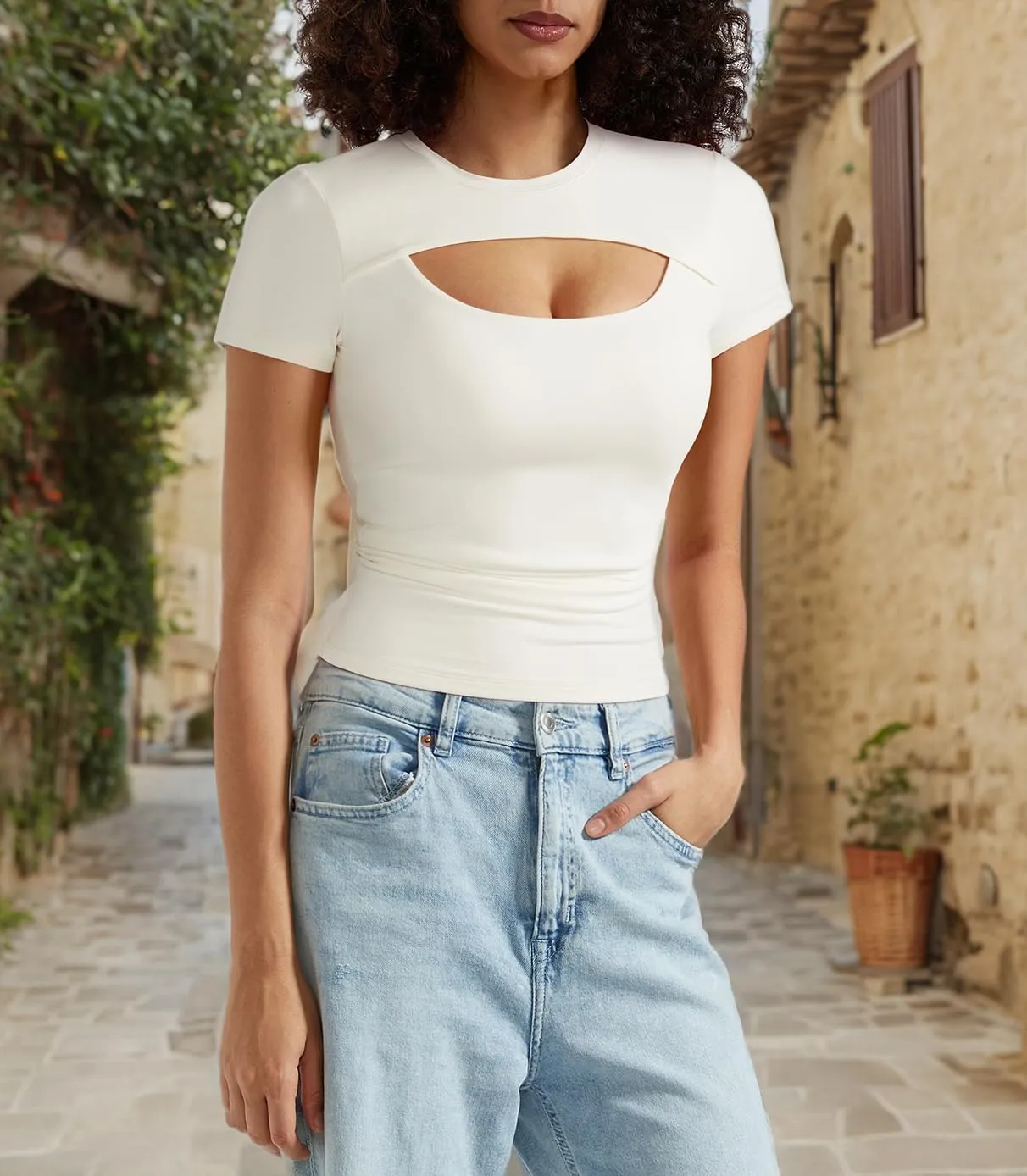 OMKAGI Double Lined Slim Fit T Shirts for Women Short Sleeve Crew Neck Crop Top