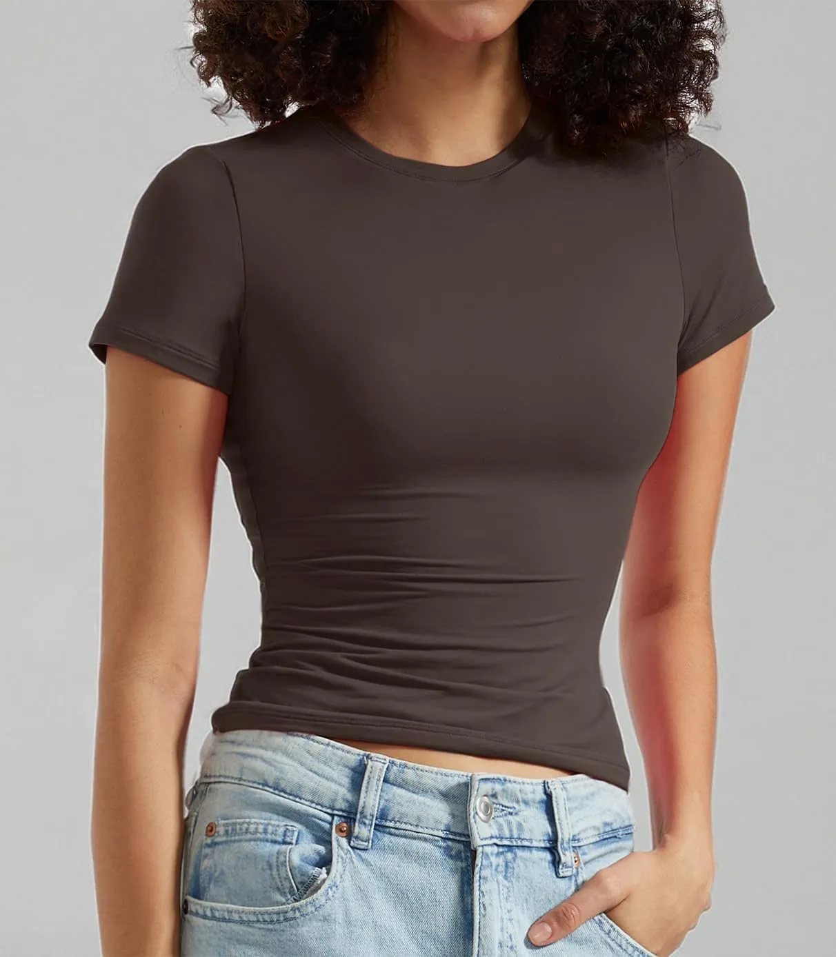 OMKAGI Double Lined Slim Fit T Shirts for Women Short Sleeve Crew Neck Crop Top