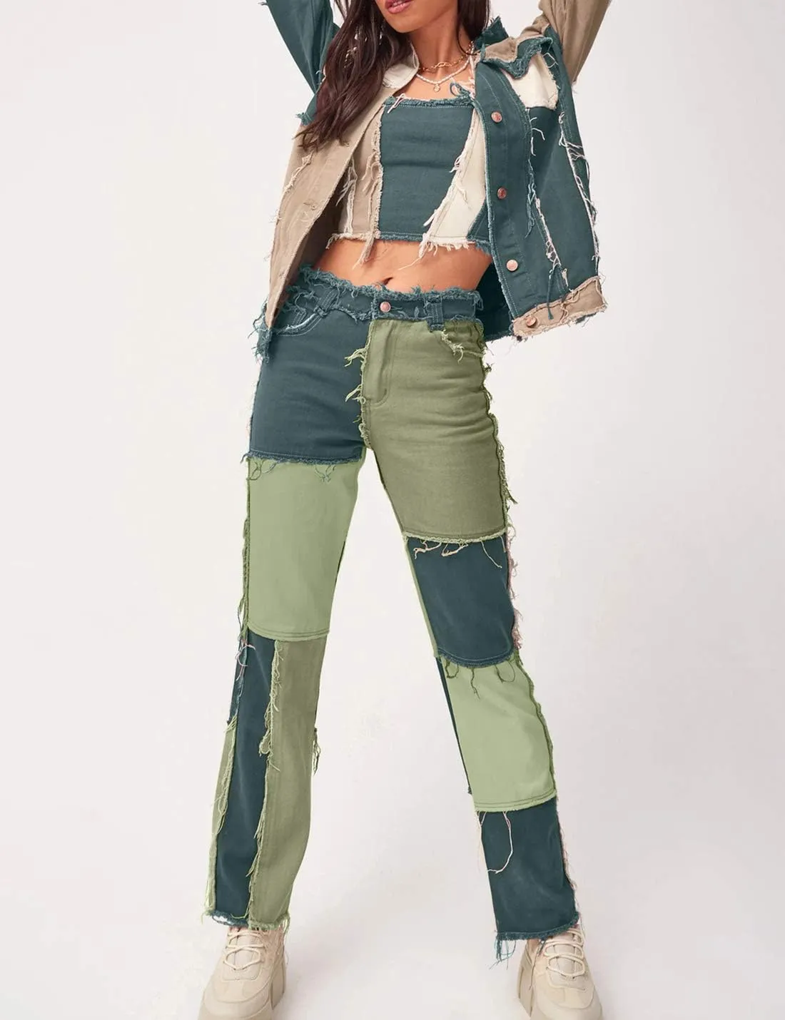 PAODIKUAI Women Patchwork Jeans Raw Hem Denim Pants Slim Bootcut Jean Hight Waist Distressed Straight Denim Jeans