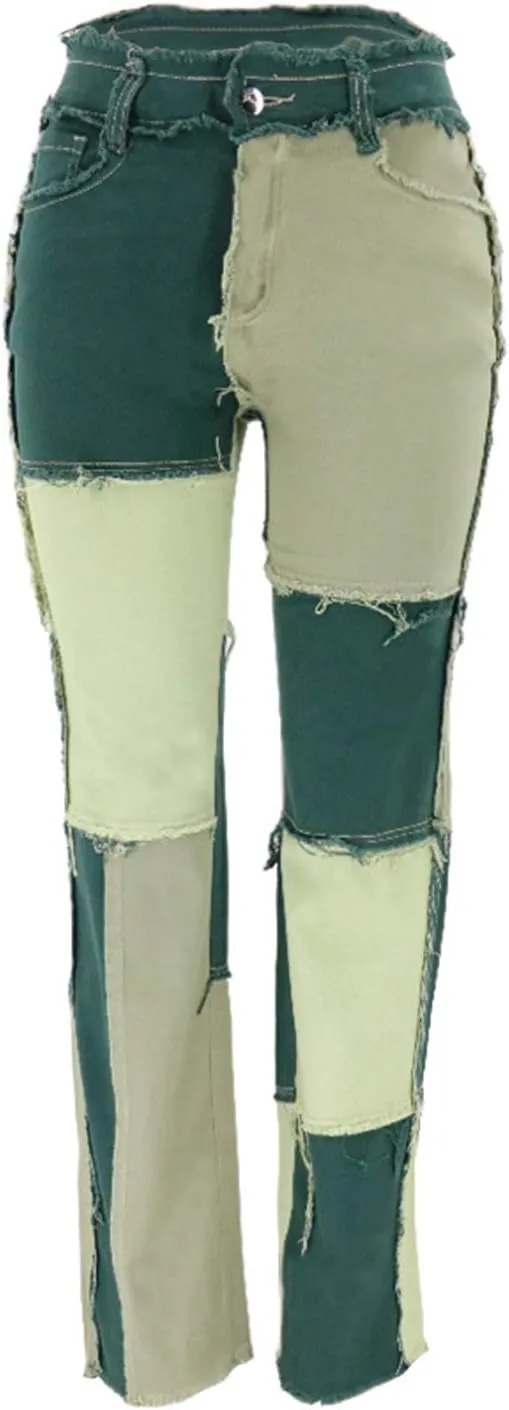 PAODIKUAI Women Patchwork Jeans Raw Hem Denim Pants Slim Bootcut Jean Hight Waist Distressed Straight Denim Jeans