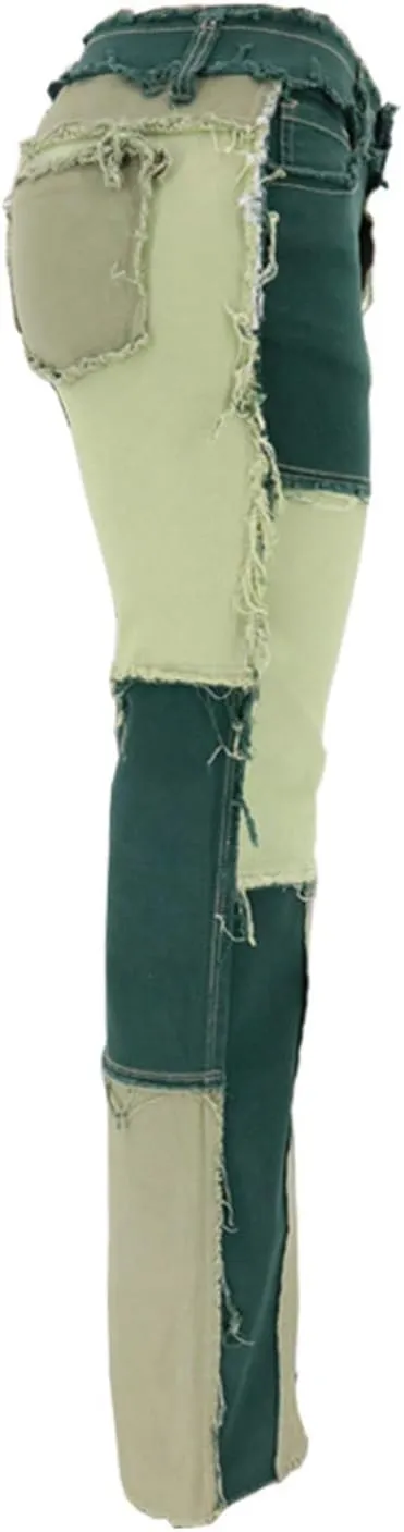 PAODIKUAI Women Patchwork Jeans Raw Hem Denim Pants Slim Bootcut Jean Hight Waist Distressed Straight Denim Jeans
