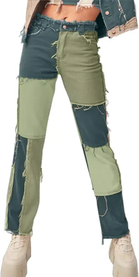 PAODIKUAI Women Patchwork Jeans Raw Hem Denim Pants Slim Bootcut Jean Hight Waist Distressed Straight Denim Jeans