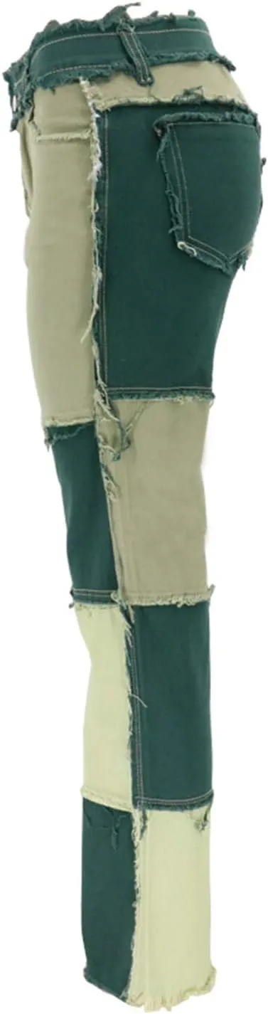 PAODIKUAI Women Patchwork Jeans Raw Hem Denim Pants Slim Bootcut Jean Hight Waist Distressed Straight Denim Jeans