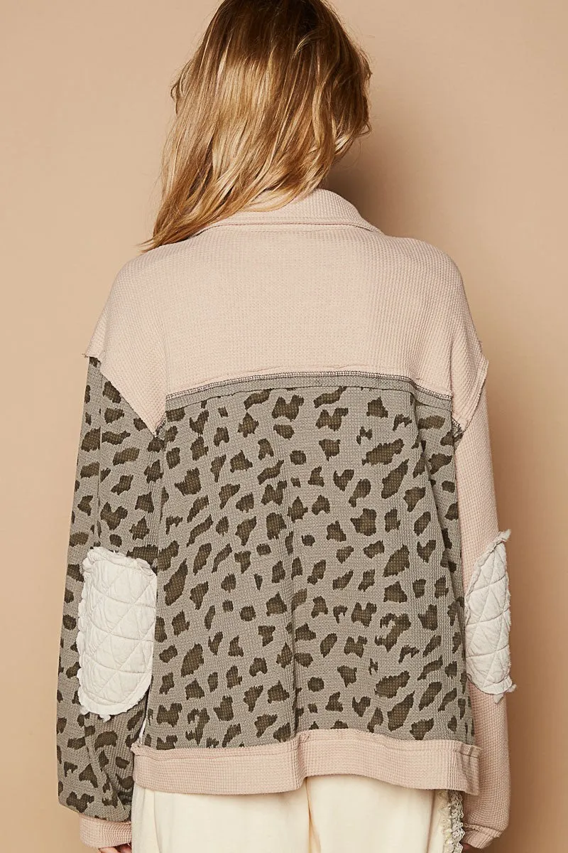 POL Clothing Leopard Exposed Seam Button Up Quilted Womens Jacket