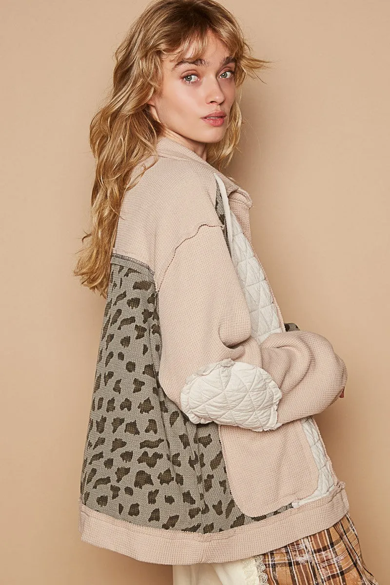 POL Clothing Leopard Exposed Seam Button Up Quilted Womens Jacket