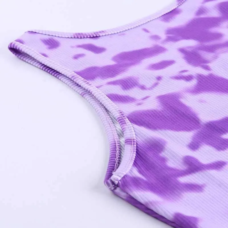 Popular Ribbed U Neck Bleach Tie Dye Cropped Tank Tops Sleeveless