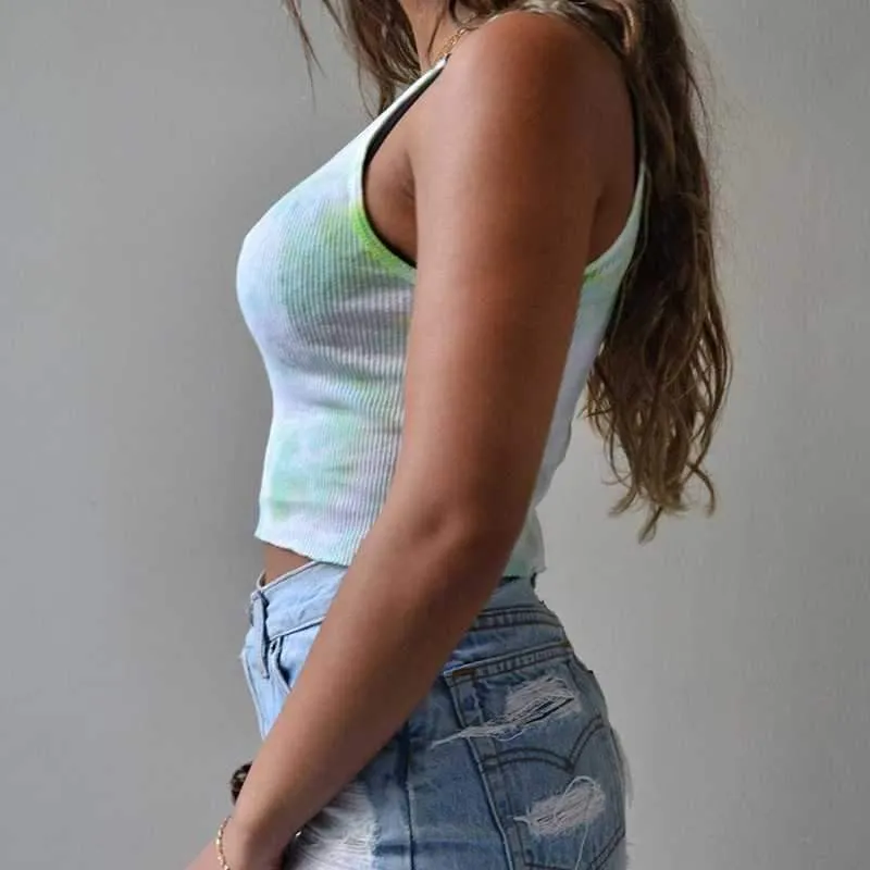 Popular Ribbed U Neck Bleach Tie Dye Cropped Tank Tops Sleeveless