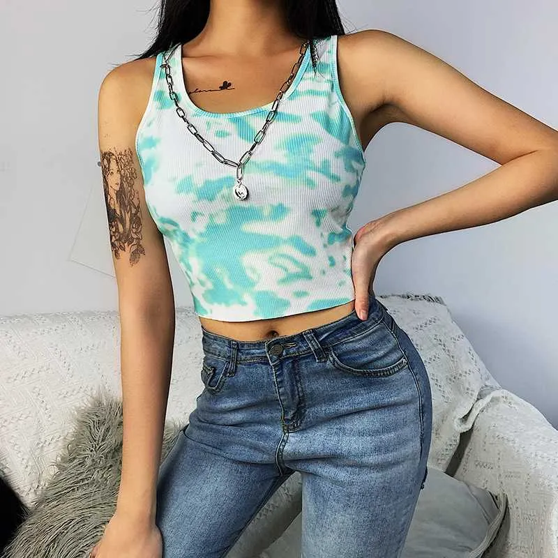 Popular Ribbed U Neck Bleach Tie Dye Cropped Tank Tops Sleeveless