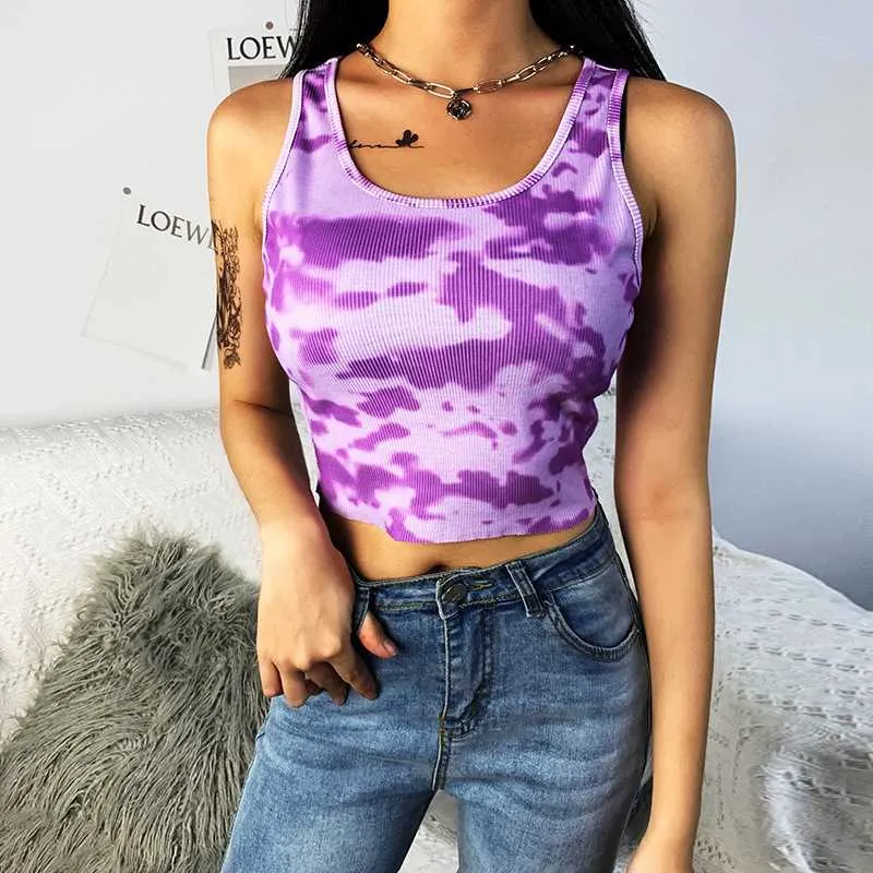 Popular Ribbed U Neck Bleach Tie Dye Cropped Tank Tops Sleeveless