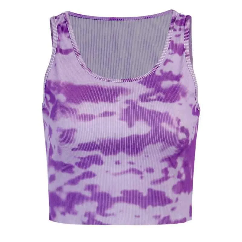 Popular Ribbed U Neck Bleach Tie Dye Cropped Tank Tops Sleeveless