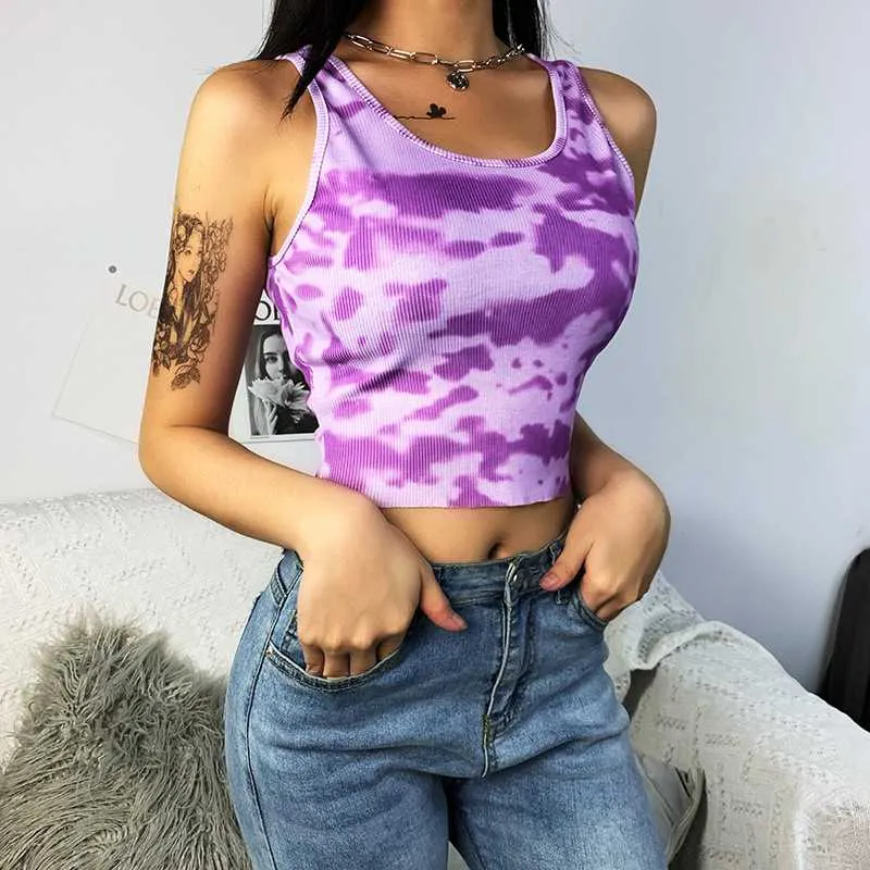 Popular Ribbed U Neck Bleach Tie Dye Cropped Tank Tops Sleeveless