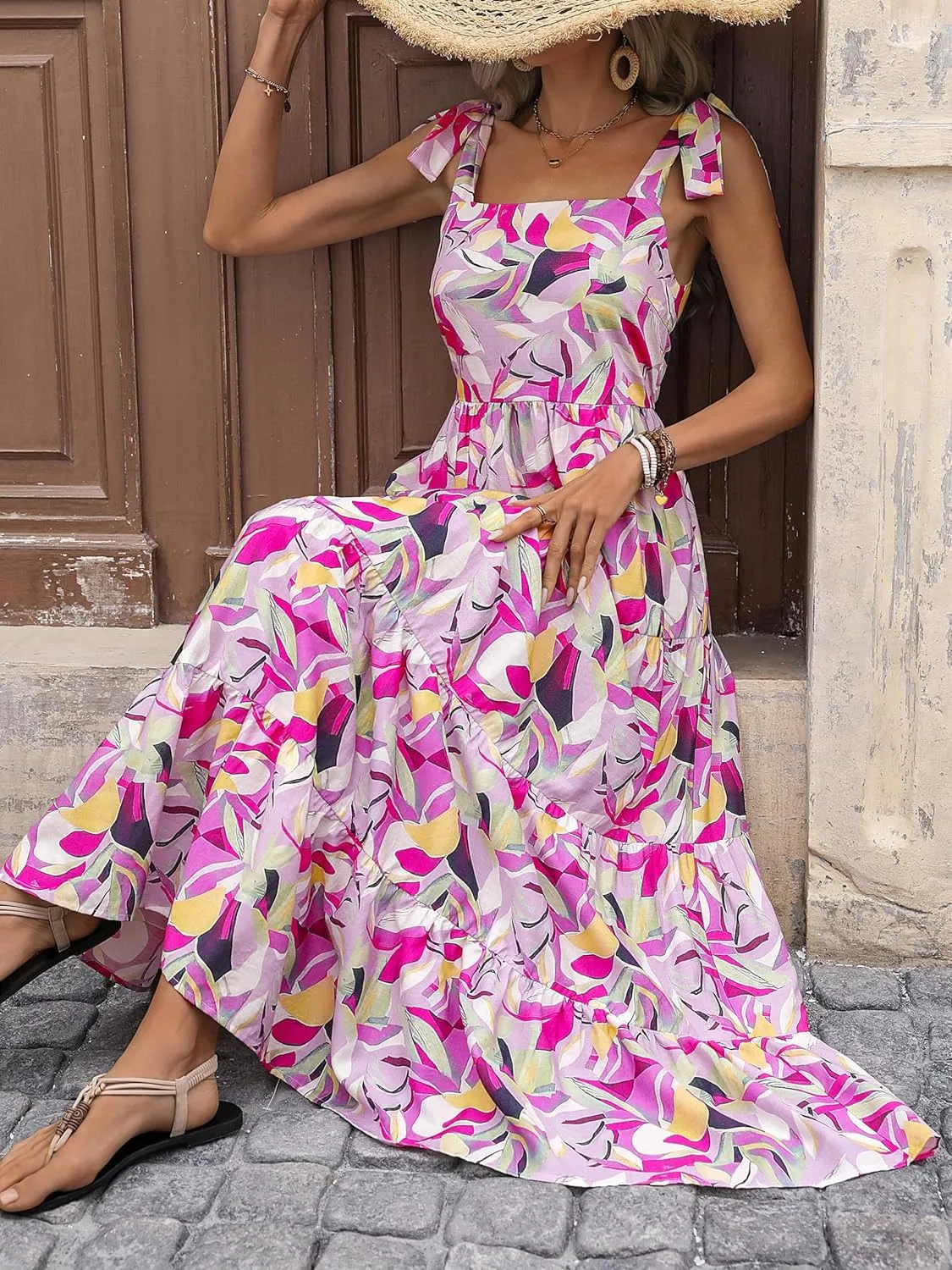 PRETTYGARDEN Womens Dresses 2025 Summer Floral Sleeveless Maxi Dress Casual Spaghetti Strap Tiered Flowy Beach Long Dress